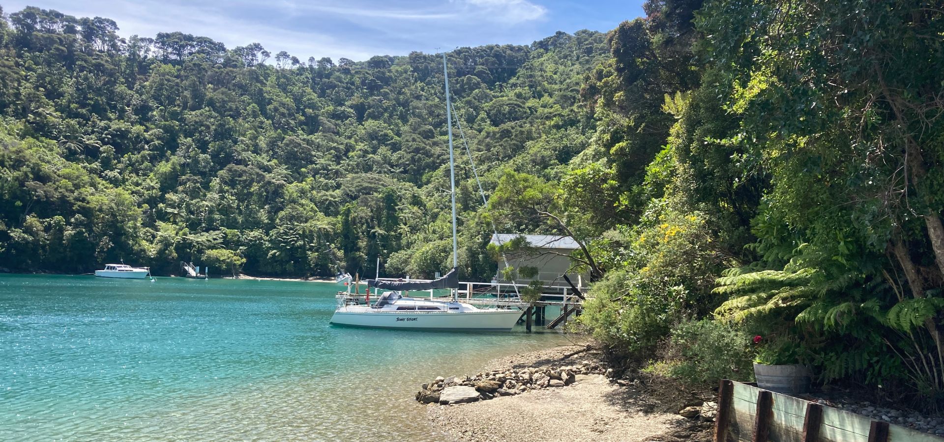 Waterfront view of Portobello Bach  Cove in Double Cove, Queen Charlotte Sound